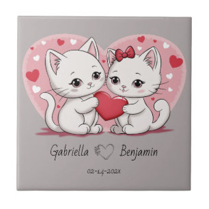 Cute Cartoon Cat Lovers Heart Valentine’s Day Ceramic Tile
