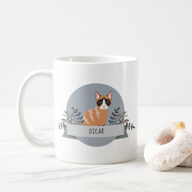 Cute Cartoon Cat Name Floral Cat Illustration Coffee Mug (With Donut)