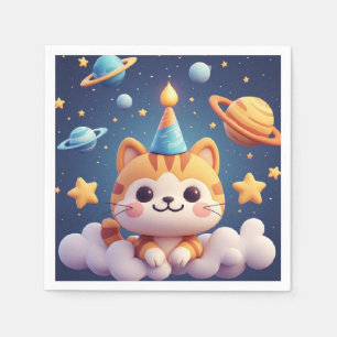 Cute Cartoon Cat On Cloud With Party Hat Napkins