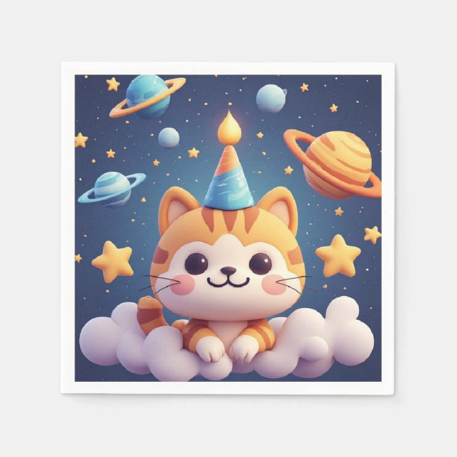 Cute Cartoon Cat On Cloud With Party Hat Napkins (Front)