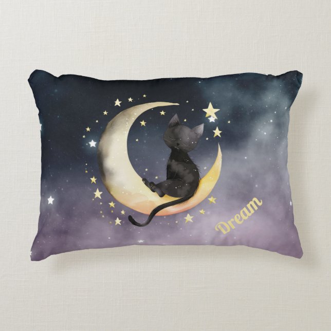 Cute Cartoon Cat on Moon Accent Pillow (Front)