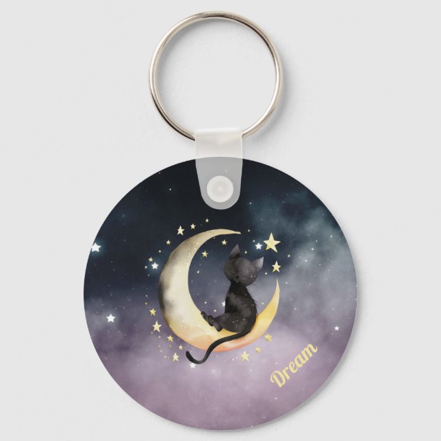 Cute Cartoon Cat on Moon Keychain (Front)