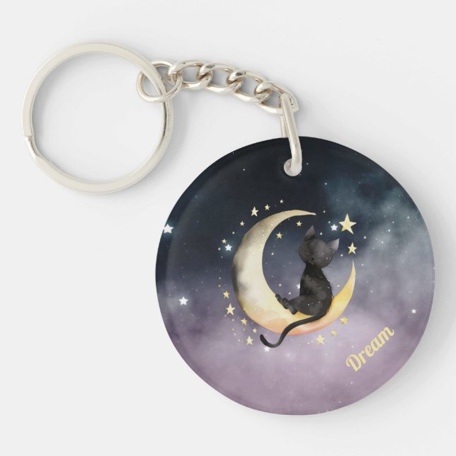 Cute Cartoon Cat on Moon Keychain (Front)