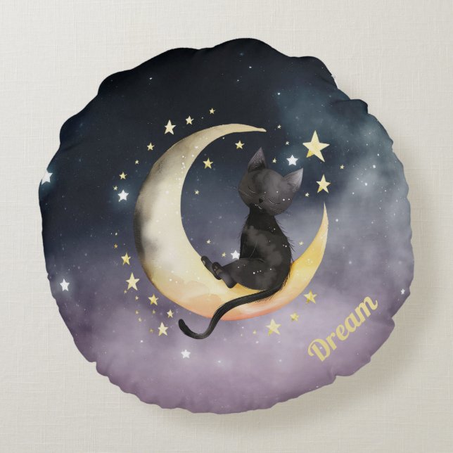 Cute Cartoon Cat on Moon Round Pillow (Back)