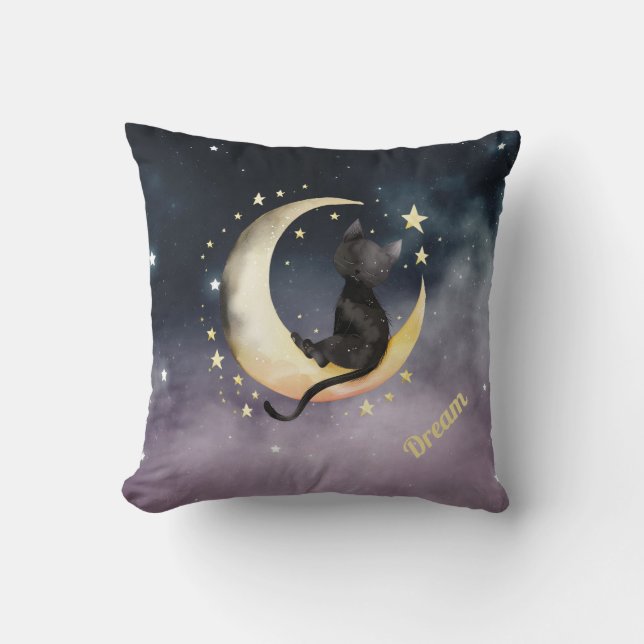 Cute Cartoon Cat on Moon Throw Pillow (Front)