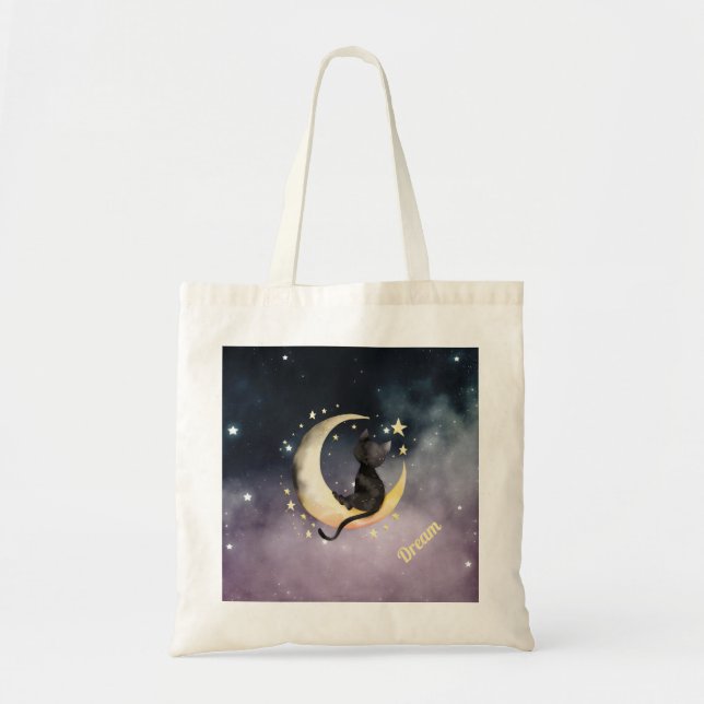 Cute Cartoon Cat on Moon Tote Bag (Front)