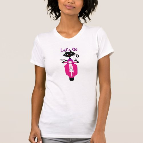 Cute Cartoon Cat On Retro Scooter Lets Go T_Shirt