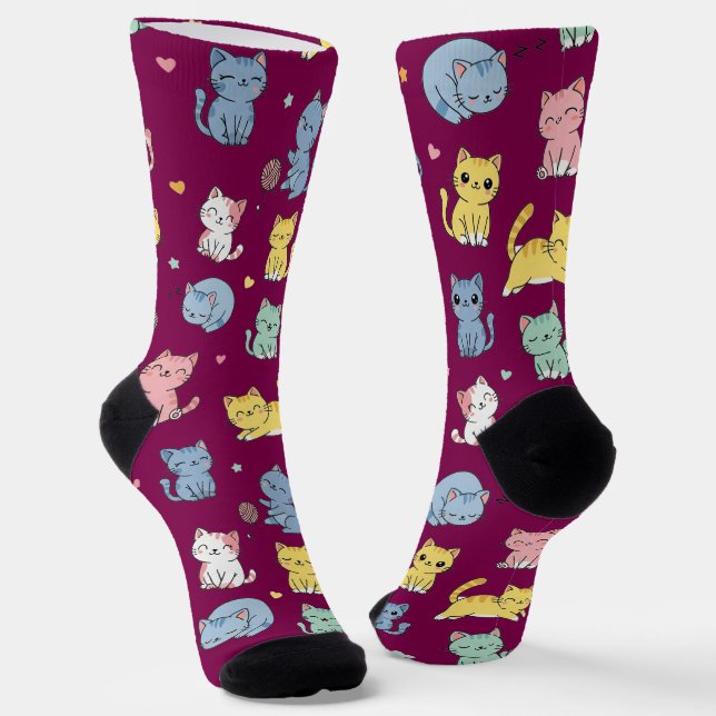 Cute Cartoon Cat Pattern Crew Socks (Angled)