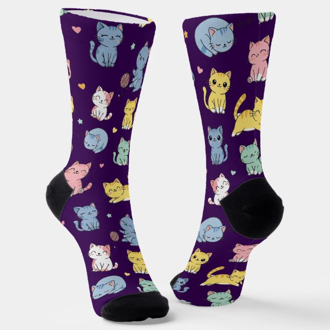 Cute Cartoon Cat Pattern Crew Socks (Angled)