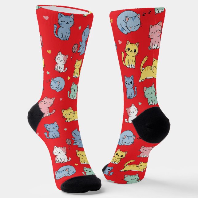 Cute Cartoon Cat Pattern Crew Socks (Angled)
