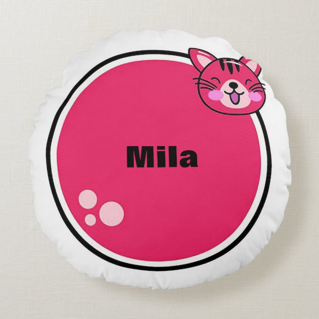 Cute Cartoon Cat Pink Circular Shape Round Pillow (Front)
