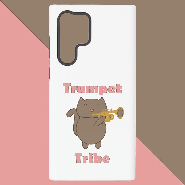 Cute Cartoon Cat Playing Trumpet Tribe Funny Samsung Galaxy Case (A phone case with a happy brown cat playing the trumpet with the words trumpet tribe.)