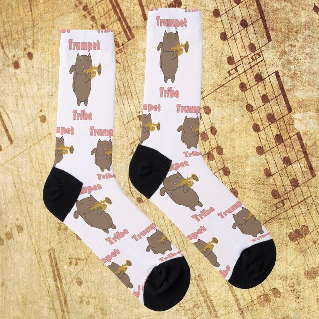 Cute Cartoon Cat Playing Trumpet Tribe Socks (A pair of socks featuring a brown cat playing trumpet with the text trumpet tribe.)