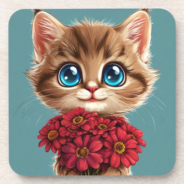 🐱 Cute Cartoon Cat Red Flower Home Gift 🌸 Beverage Coaster (Front)