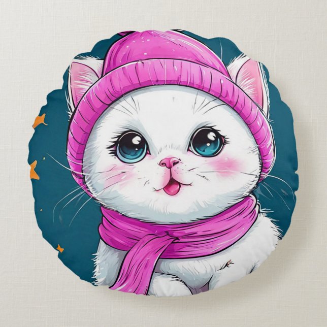 Cute cartoon cat round pillow (Front)