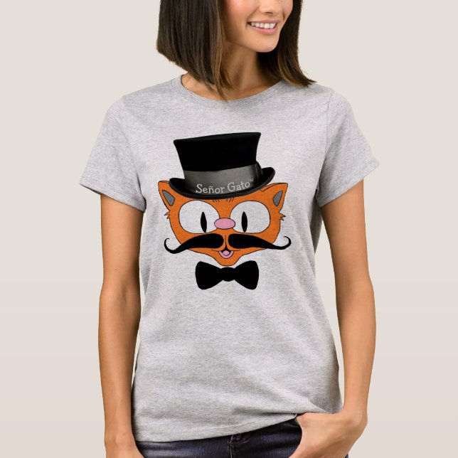 Cute Cartoon Cat Señor Gato Handlebar Mustache T-Shirt (Front)