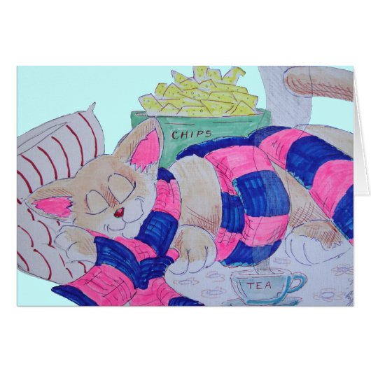 Cute cartoon cat sleeping while wearing scarf... cards (Front Horizontal)