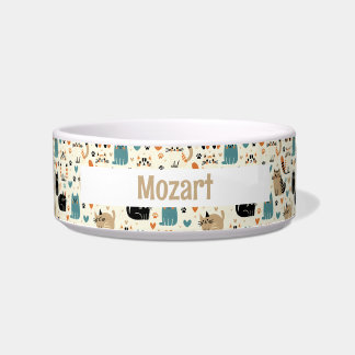 Cute Cartoon Cat Theme Personalized Name Pet Bowl