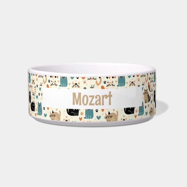 Cute Cartoon Cat Theme Personalized Name Pet Bowl (Front)