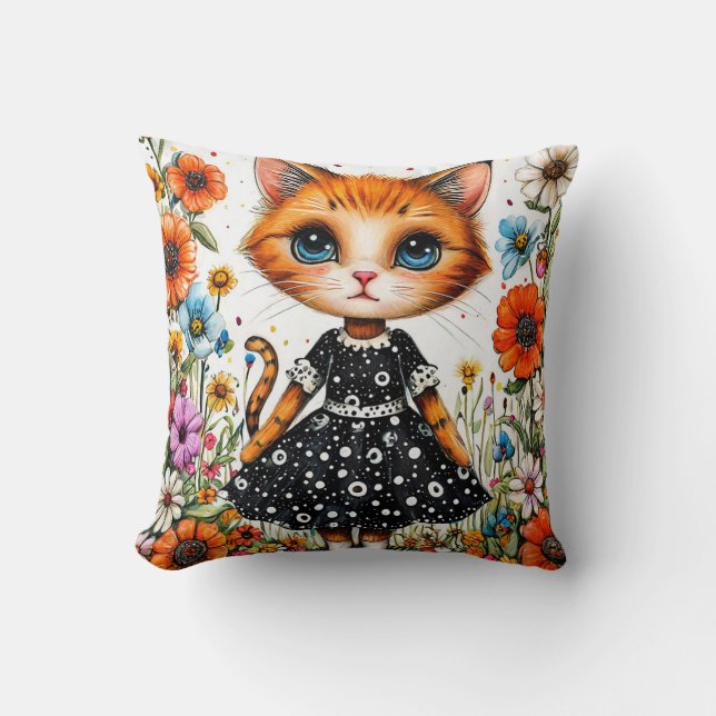 Cute cartoon cat throw pillow (Front)