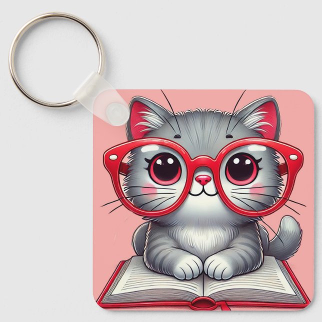 Cute Cartoon Cat Wearing Glasses Keychain (Front)
