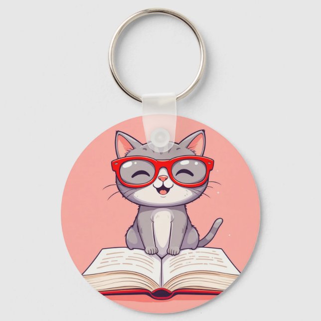 Cute Cartoon Cat Wearing Glasses Keychain (Front)