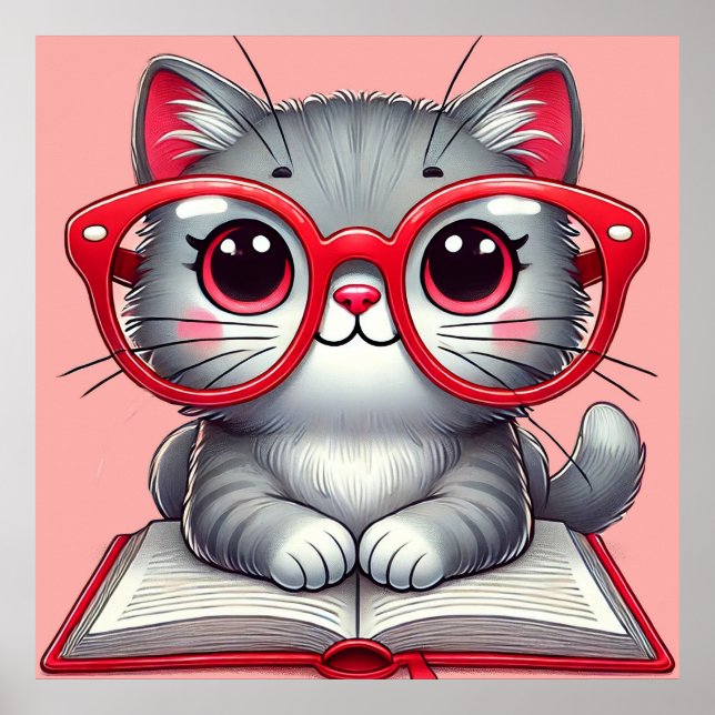 Cute Cartoon Cat Wearing Glasses Poster (Front)