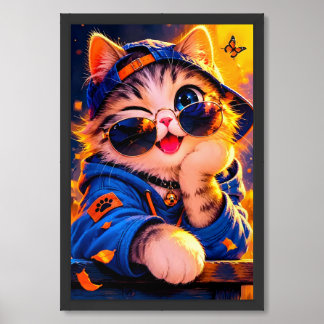 Cute cartoon cat wearing sunglasses framed art