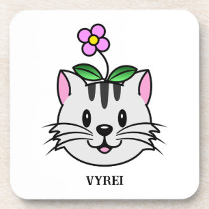 Cute Cartoon Cat with a Flower on Its Head Beverage Coaster