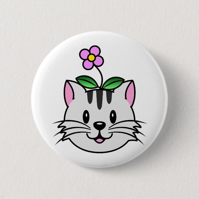 Cute Cartoon Cat with a Flower on Its Head Button (Front)