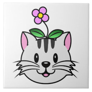 Cute Cartoon Cat with a Flower on Its Head Ceramic Tile