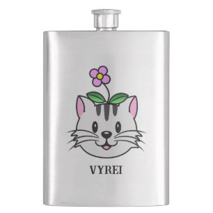 Cute Cartoon Cat with a Flower on Its Head Flask