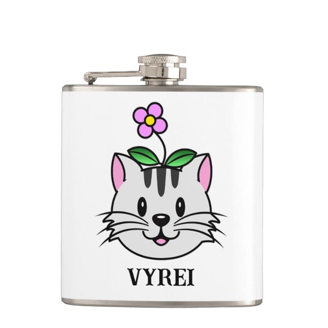 Cute Cartoon Cat with a Flower on Its Head Flask (Front)
