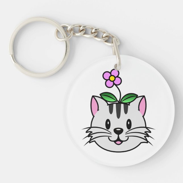 Cute Cartoon Cat with a Flower on Its Head Keychain (Front)