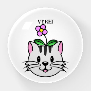 Cute Cartoon Cat with a Flower on Its Head Paperweight
