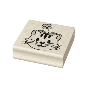 Cute Cartoon Cat with a Flower on Its Head Rubber Stamp
