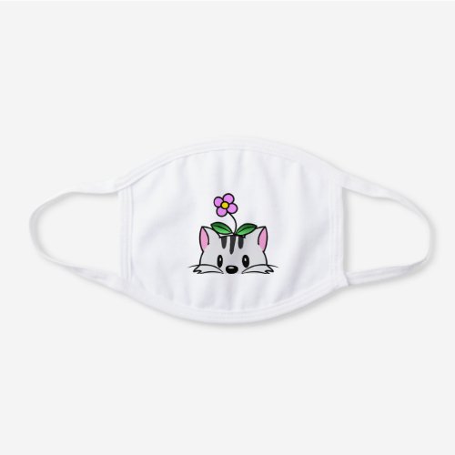 Cute Cartoon Cat with a Flower on Its Head White Cotton Face Mask