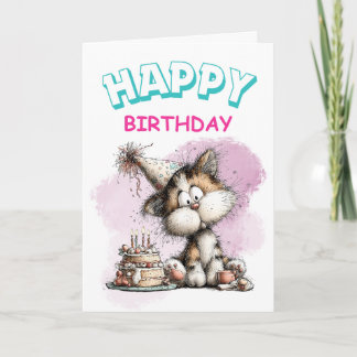 Cute Cartoon Cat with Cake Birtday Card
