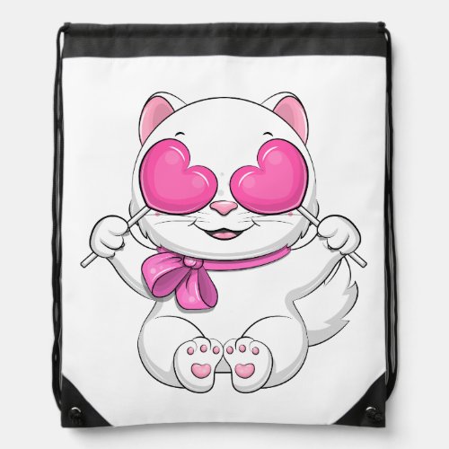 Cute cartoon cat with two pink hearts  drawstring bag