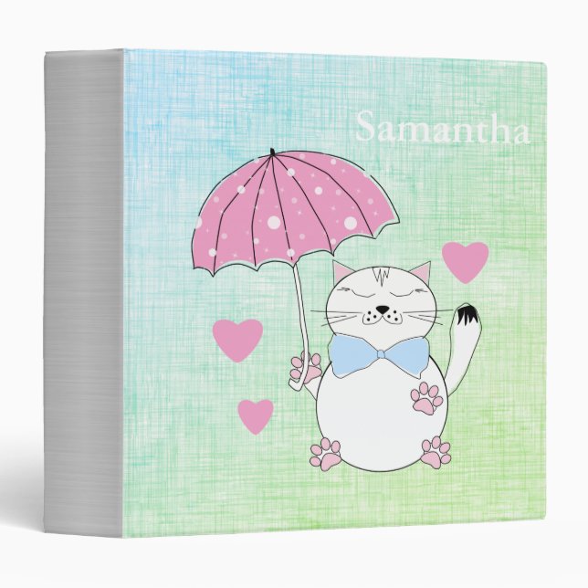 Cute cartoon cat with umbrella 3 ring binder (Front/Spine)