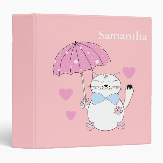 Cute cartoon cat with umbrella 3 ring binder (Front/Spine)