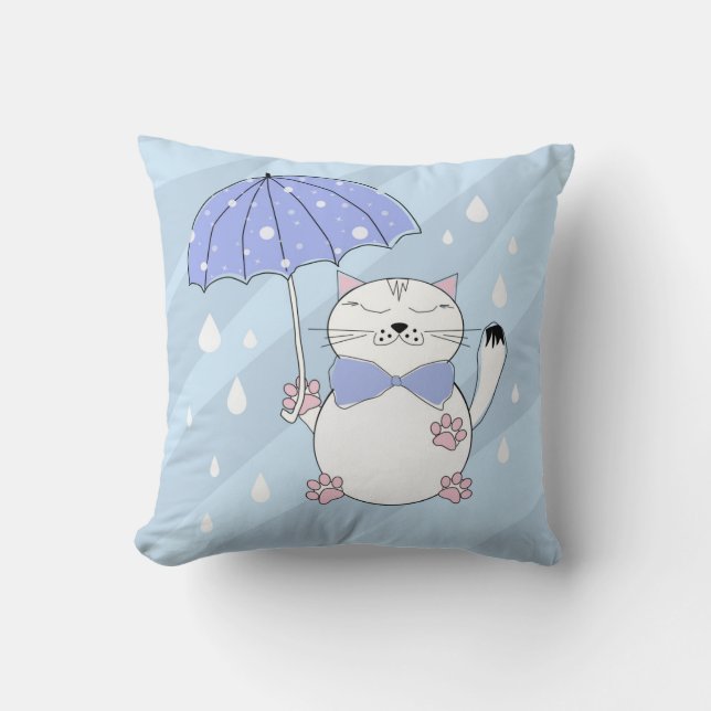 Cute cartoon cat with umbrella throw pillow (Front)