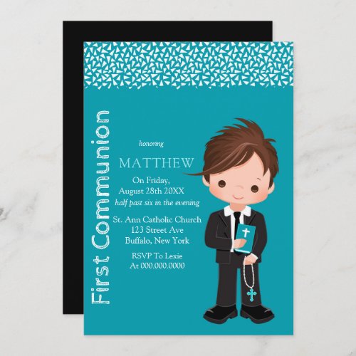 Cute Cartoon Catholic Boy First Communion  Invitation