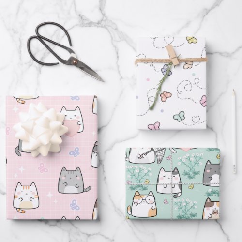 Cute Cartoon Cats and Butterflies Springtime Wrapping Paper Sheets