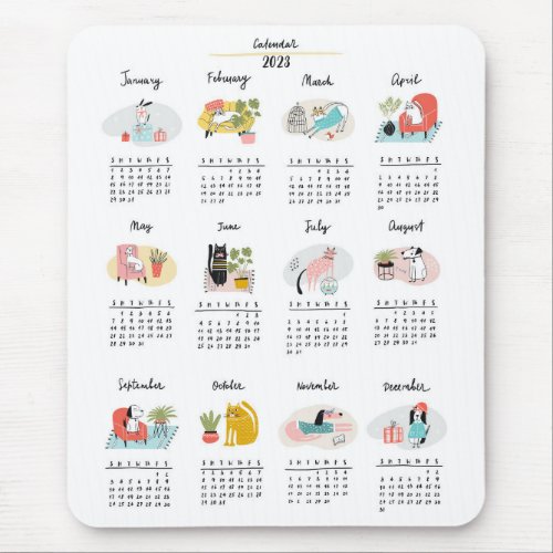 Cute Cartoon Cats and Dogs 2023 Calendar Mouse Pad