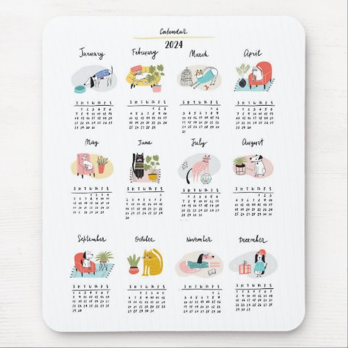 Cute Cartoon Cats and Dogs 2024 Calendar Mouse Pad