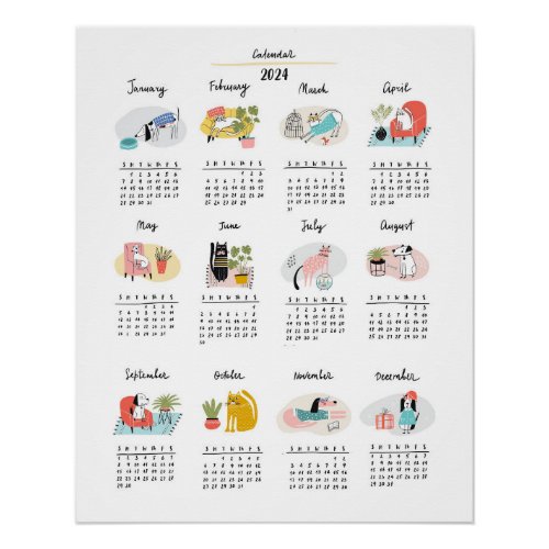 Cute Cartoon Cats and Dogs 2024 Calendar Poster