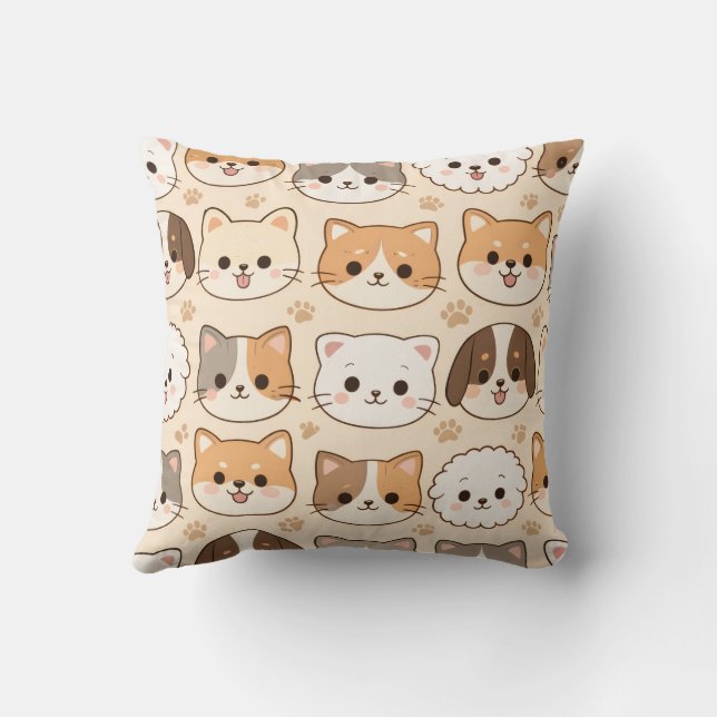 Cute Cartoon Cats and Dogs Seamless Animal Pattern Throw Pillow (Back)