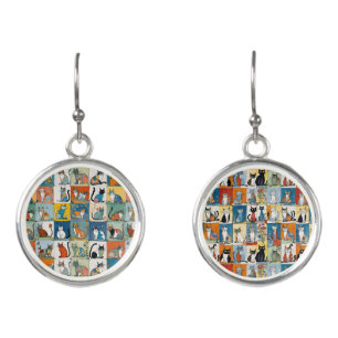 Cute Cartoon Cats Folk Art with Florals Earrings