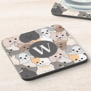 Cute Cartoon Cats Monogram Beverage Coaster